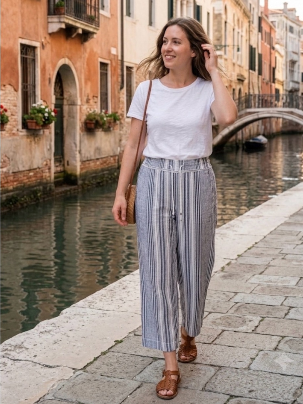 👒Time And Tru striped Linen-Blend Wide Leg Pants in Navy&White size L 12/14 GUC